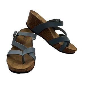 Marina Luna Comfort Italy Cork Blue Leather Wedge Sandals Women's Size 9.5